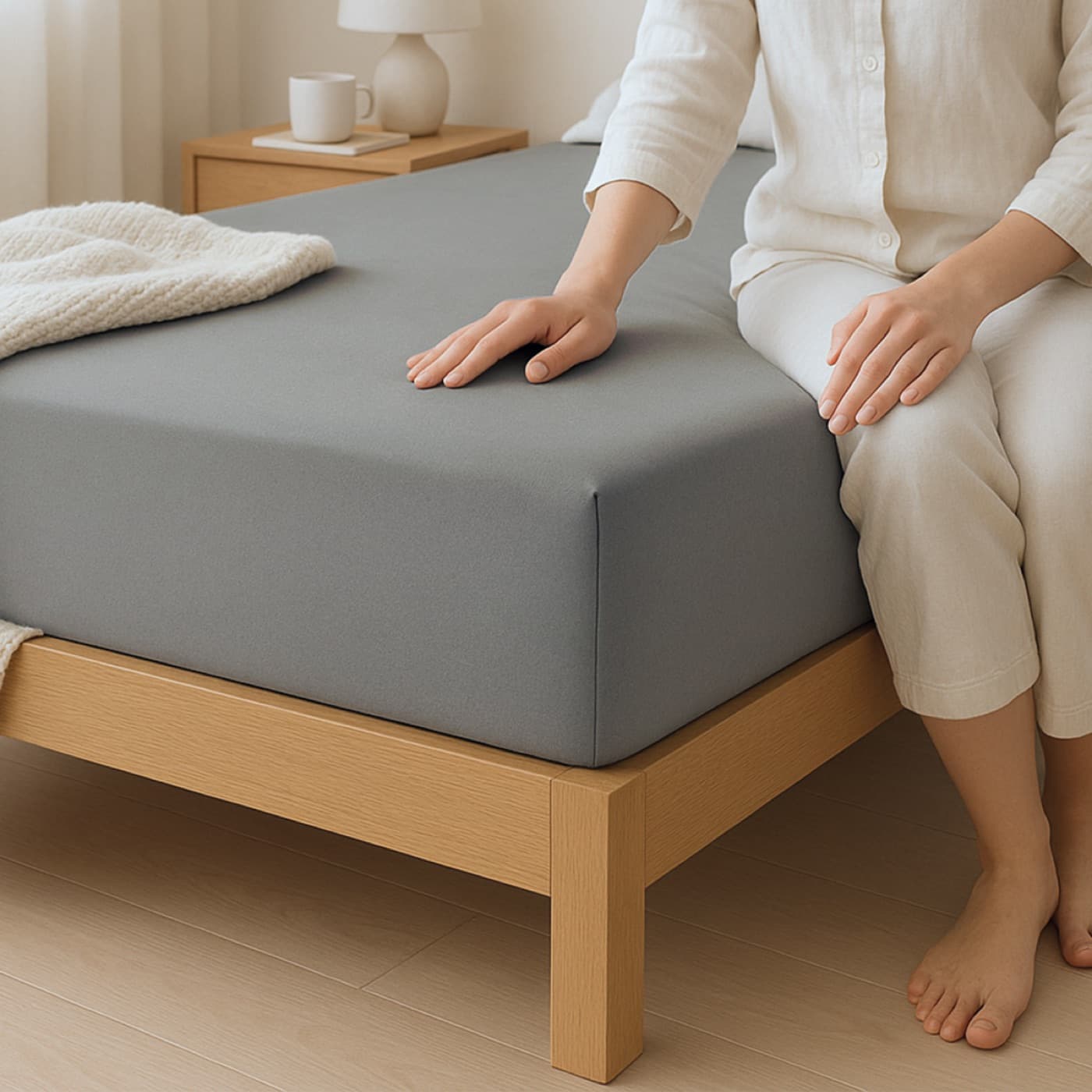 Graues Jersey-Spannbettlaken auf einem Holzbett
